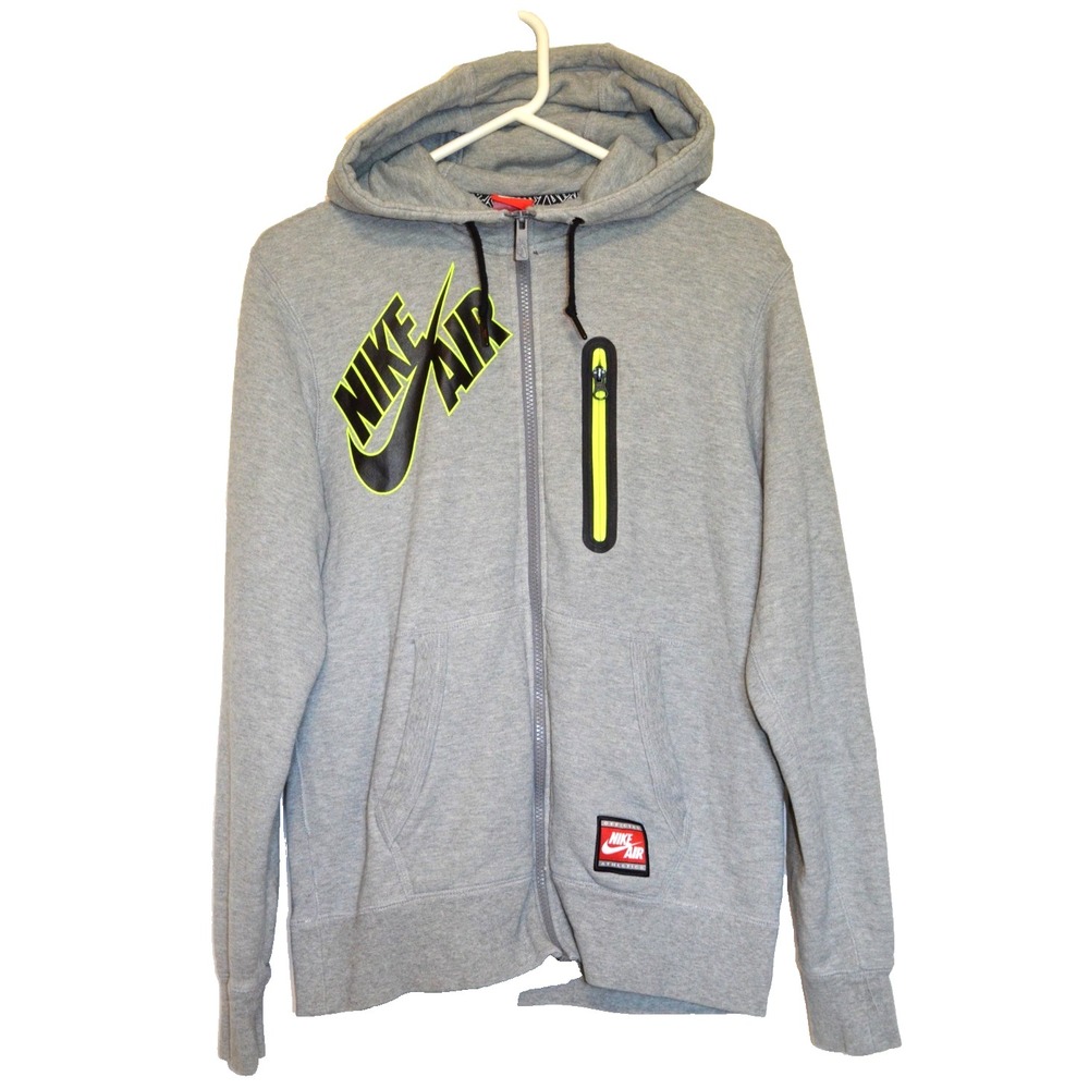 Nike Air Hoodie‎ Mens M Gray Volt Full Zip Spellout Swoosh Athletic Jacket